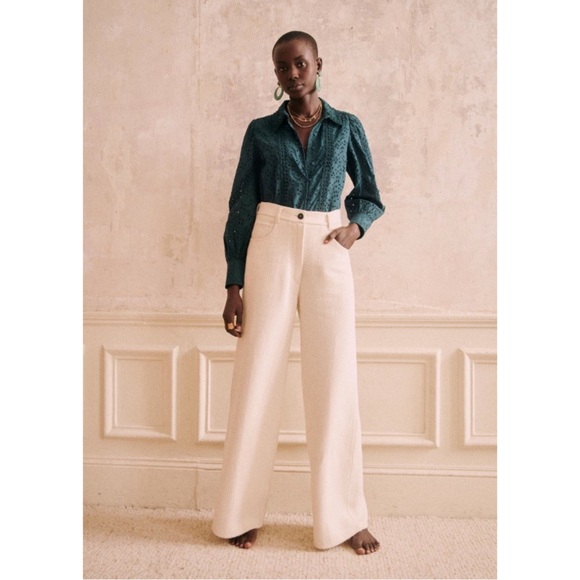 SEZANE Turquoise Blue Embroidered Eyelet Lace Button Down Cara Shirt Blouse Top - Picture 12 of 17